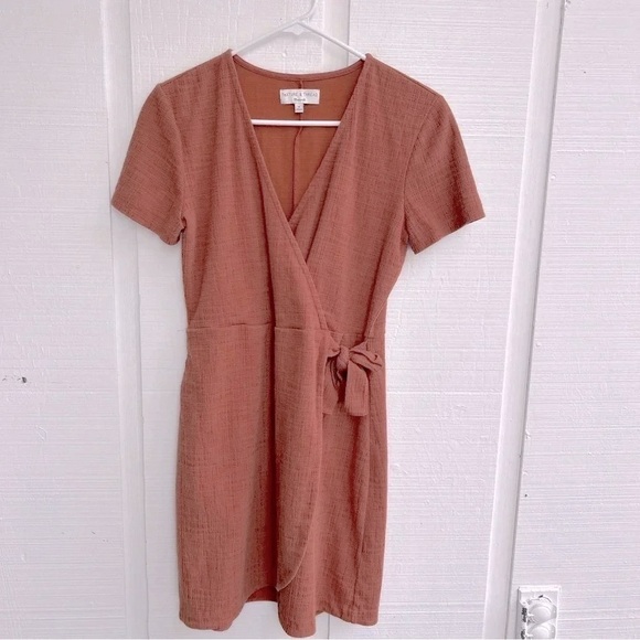 Madewell Texture & Thread Rust Brown Short Sleeve Faux Wrap Tie Front Mini Dress - Picture 1 of 5